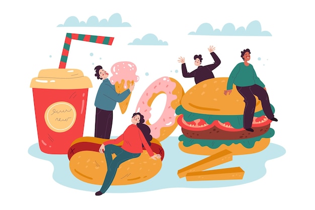 tiny fast food fans little funny characters with big burger hot dog french fries and drink happy people junk unhealthy products donut and icecream vector cartoon isolated concept