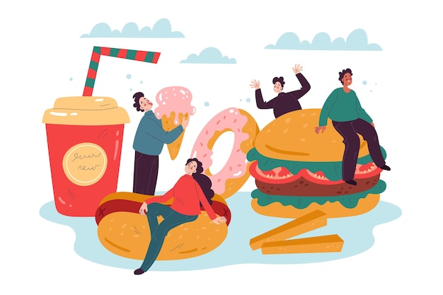 Vector tiny fast food fans little funny characters with big burger hot dog french fries and drink happy people junk unhealthy products donut and icecream vector cartoon isolated concept