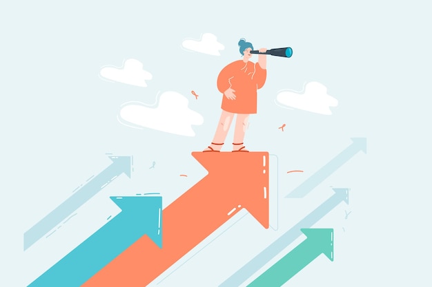 tiny female business person on arrow planning future. cartoon character with positive vision looking for job, choosing life or career pathway flat vector illustration. success, goal, strategy concept