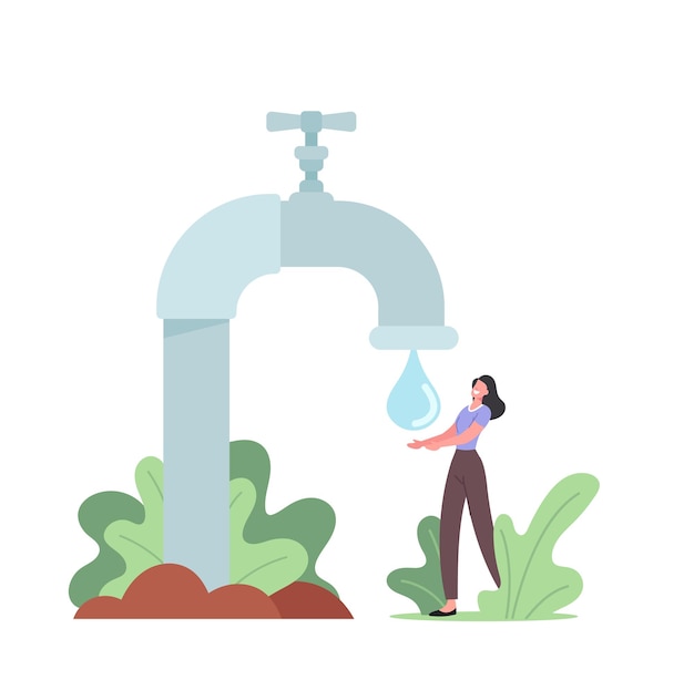 Tiny female character catch water drop from huge tap. woman buying clean drinking water, customer purchasing fresh aqua for good health, well being and freshness. cartoon people vector illustration