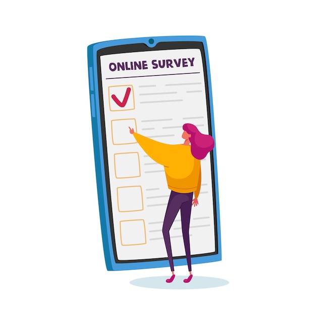 Vector tiny female character filling online survey form on huge smartphone screen. voters questionnaire, customers feedback, polling procedure