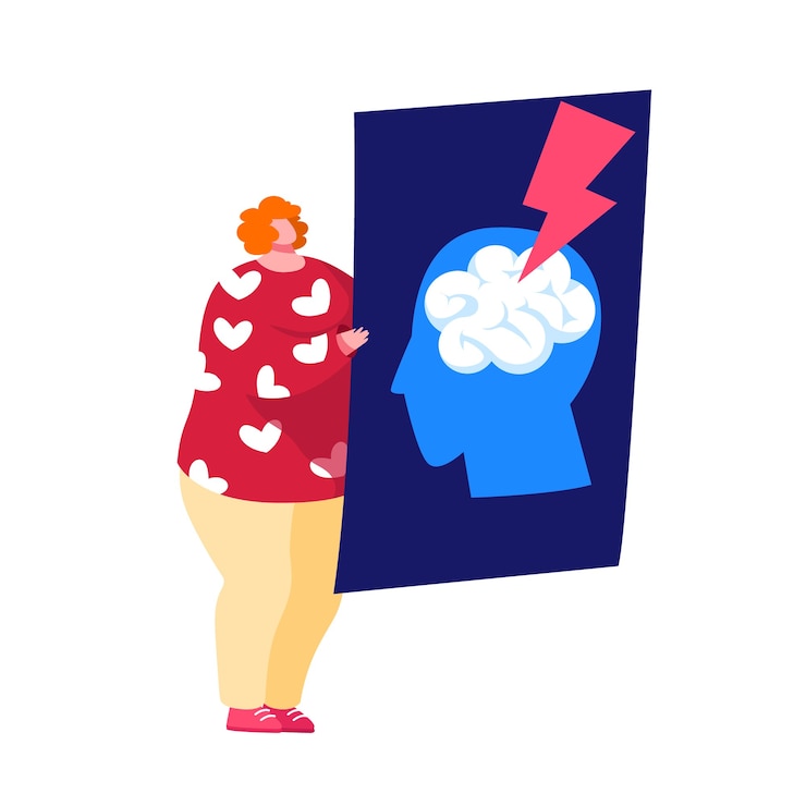 Vector tiny female character holding xray of human head with brain stroke