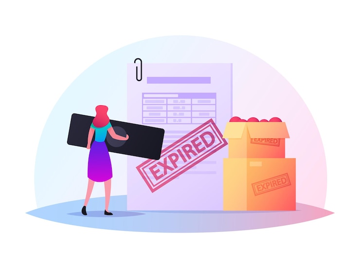 Vector tiny female character put huge seal stamp on document for expired spoiled food lying in carton boxes