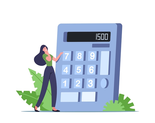 Vector tiny female character with huge calculator counting calories for healthy eating and weight loss. nutrition and dieting concept, carbohydrates and fat control in food. cartoon vector illustration