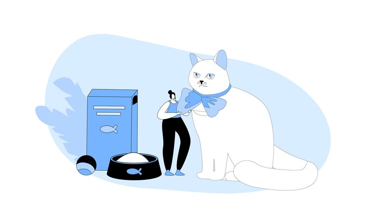 Vector tiny female character with huge cat and accessories for domestic animal food in plate and package toy ball