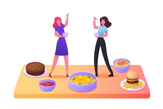 다양한 요리를 맛보는 작은 여성 캐릭터가 맛있는 식사, 베이커리, 패스트 푸드 햄버거와 함께 거대한 접시와 그릇으로 테이블에 서 있습니다.