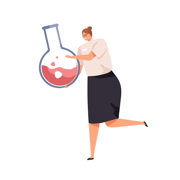 Tiny female scientist with big glass flask. Chemistry and chemical lab research concept. Chemist with laboratory equipment. Colored flat vector illustration of researcher isolated on white background.