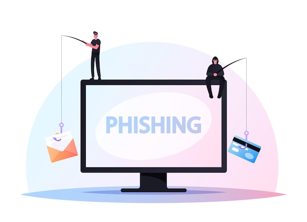 Personaggi maschili di piccoli hacker seduti su un enorme computer con aste di phishing via internet