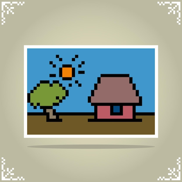 Tiny house gallery in 8 bit pixel art landscape for game assets and cross stitch