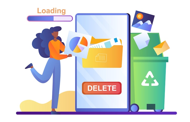 Vector tiny human delete unnecessary data from phone memory storage forever formatting hard disk driver