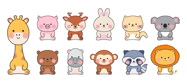 tiny kawaii zoo animals cute animal zoo characters stickers in korean or japanese graphic style giraffe leo raccoon and kitty nowaday vector set
