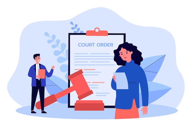 Vector tiny lawyers standing near court order document and judge gavel. legal notice for people flat vector illustration. legislation, civil regulation concept for banner, website design or landing web page