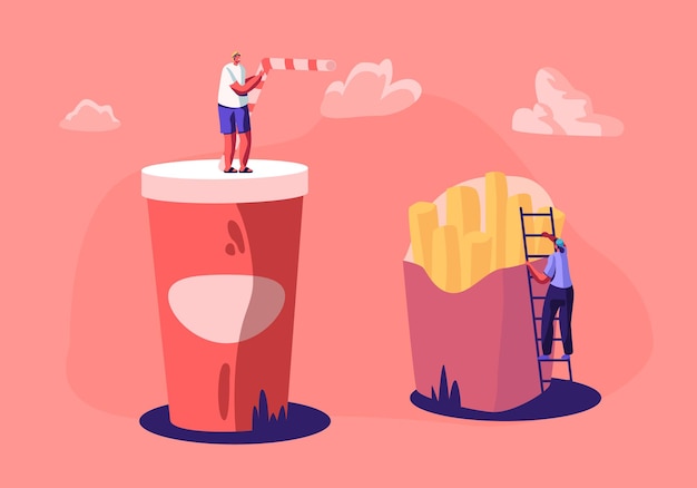 Крошечные мужские и женские персонажи взаимодействуют с огромным картофелем фри и чашкой с содовым напитком.