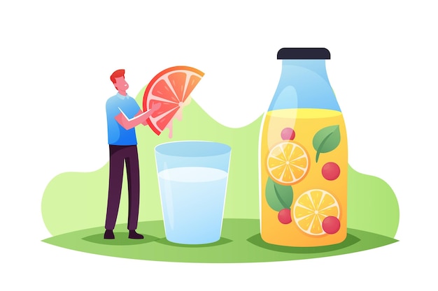 Vector tiny male character press grapefruit slice in huge water glass cooking smoothies, lemon juice