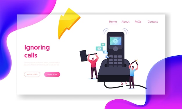 Vector tiny male characters destroying huge calling telephone landing page template. men ignoring incoming calls trying to avoid unpleasant conversation with scammer. cartoon people vector illustration