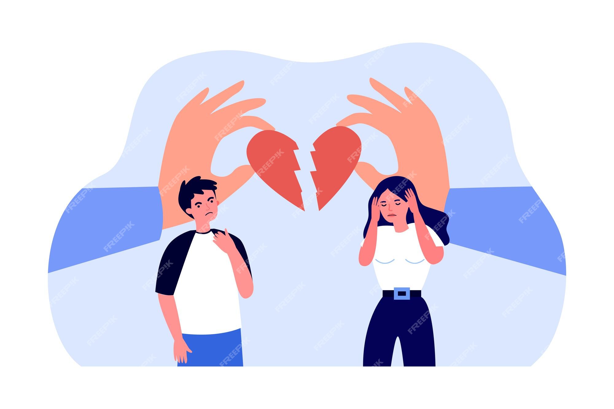 Premium Vector | Tiny male and female characters arguing on hands with  broken heart background. couple having breakup flat vector illustration.  love, relationship concept for banner, website design or landing web page