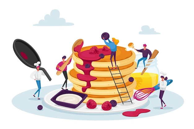 Vector tiny male and female characters cooking and eating homemade pancakes