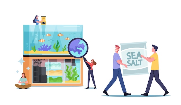 Tiny male and female characters near huge aquarium with various decor for fish seaweeds and corals decoration on bottom, people care of water pets, aquaristics hobby. cartoon vector illustration