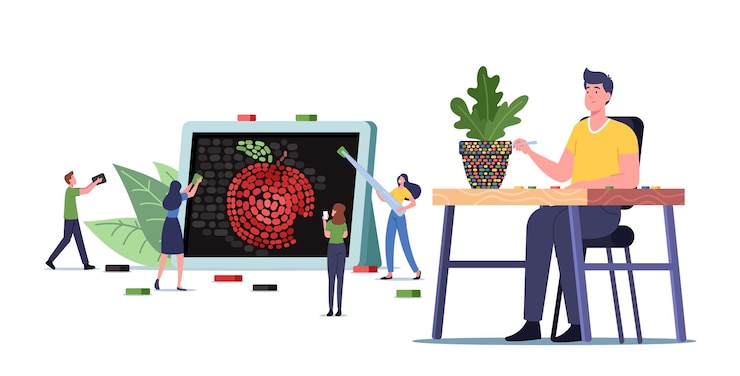 Vector tiny male and female characters set up huge mosaic, creative hobby concept. man sitting at desk decorate flowerpot with colorful ceramic pieces, craftsmanship, art. cartoon people vector illustration