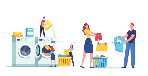Tiny male female characters visiting laundry loading dirty clothes to huge washing machine, take out clean dresses and hang on rope, laundrette wash service concept. cartoon people vector illustration