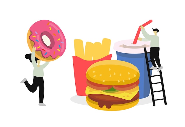 Vector tiny male and female characters with fastfood.