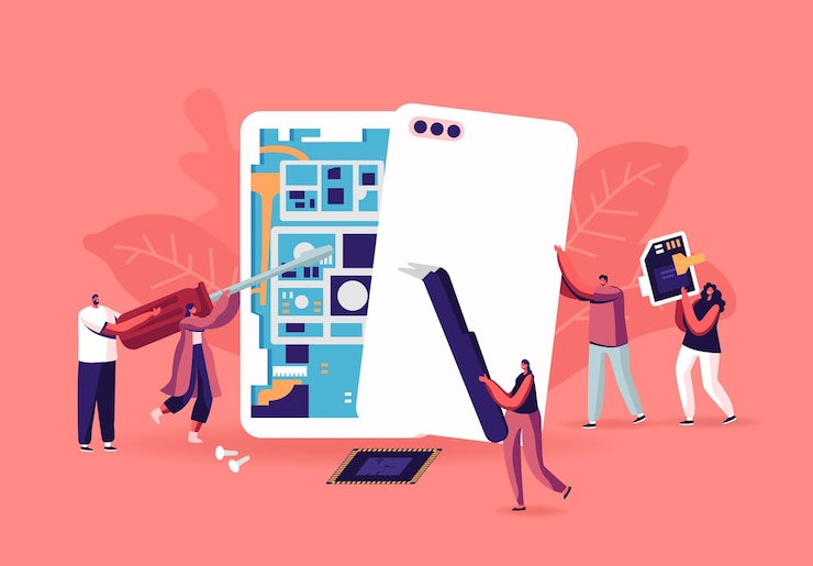Vector tiny male and female characters with instruments assembling or repair huge smartphones concept. men and women fixing cellphone, assemble mobile phones, memory card. cartoon people vector illustration