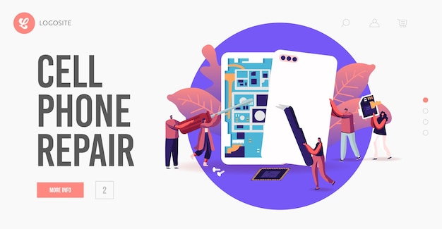 Tiny Male and Female Characters with Instruments Assembling or Repair Huge Smartphones Landing Page Template. Men and Women Fixing Cellphone, Assemble Mobile Phones. Cartoon People Vector Illustration