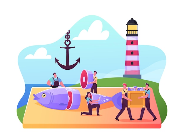 Tiny male and female fisher characters cutting fresh raw fish on coastline with lighthouse and anchor, seafood retail and distribution in stores, fishery industry. cartoon people vector illustration