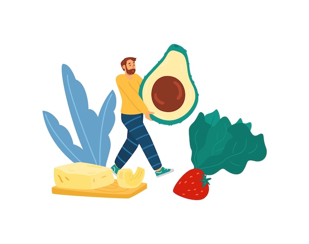 Tiny man among vegetables and sources of fats flat vector illustration isolated