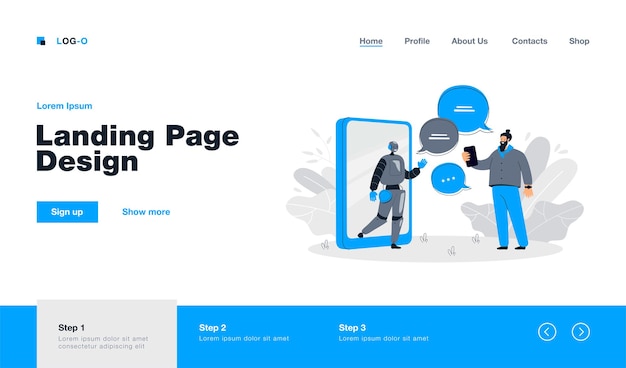 Tiny man chatting online with ai assistant landing page in flat style