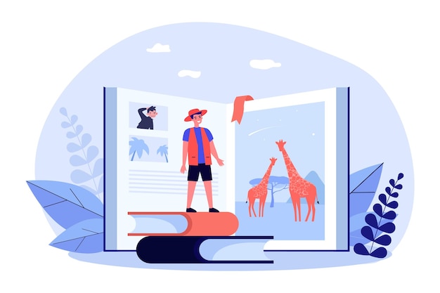 Vettore piccolo uomo davanti al libro sui safari. personaggio dei cartoni animati che legge sulla natura in illustrazione vettoriale piatta dell'africa. avventura, turismo, concetto di viaggio per banner, progettazione di siti web o pagina web di destinazione