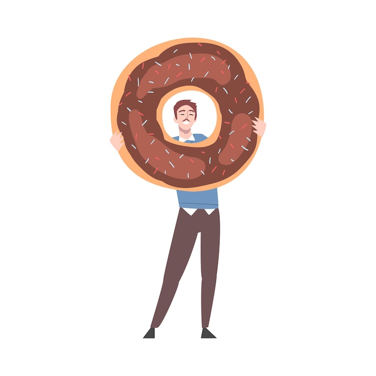 Vector tiny man with huge chocolate doughnut vector illustration