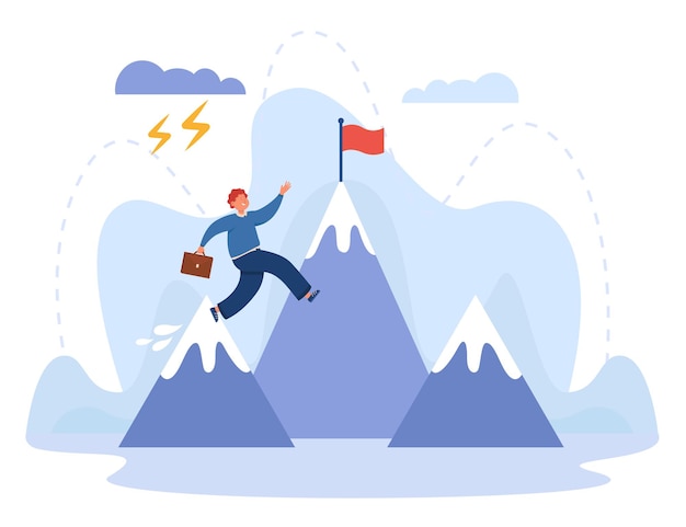 Tiny office worker jumping towards mountain with flag on top. Man with ambition putting effort into achieving goal flat vector illustration. Success, challenge, perseverance concept for banner