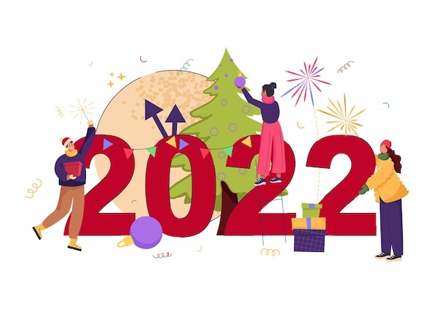 Вектор Крохотные человечки готовятся к новому году занимаются украшением надписи new year 2022