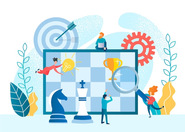 Tiny people build a strategy for winning a chess game business strategy vector illustration