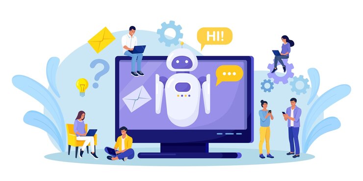 Vector tiny people chatting with chatbot on computer. ai robot assistant, online customer support. chat bot virtual assistant via messaging information engineering, artificial intelligence and faq concept