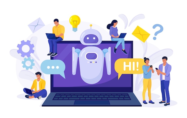 Piccole persone che chattano con chatbot sul laptop. assistente robot ai, assistenza clienti online. chat bot assistente virtuale tramite messaggistica ingegneria dell'informazione, intelligenza artificiale e concetto di faq