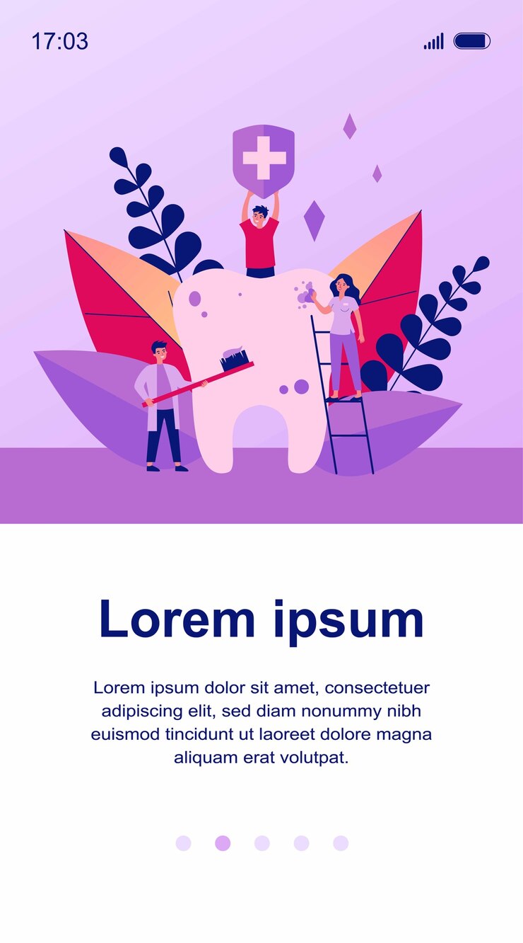 Vector tiny people cleaning big tooth   illustration. man holding banner with medical symbol. doctor and dentist brushing teeth with toothbrush. stomatology and healthcare concept.