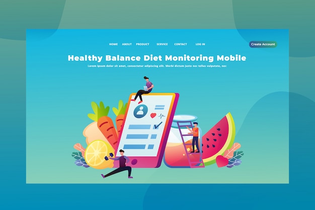 Tiny People Concept Healthy Balance Dieetmonitoring Mobiel van de landingspagina van de webpagina van de medische en wetenschappelijke koptekst