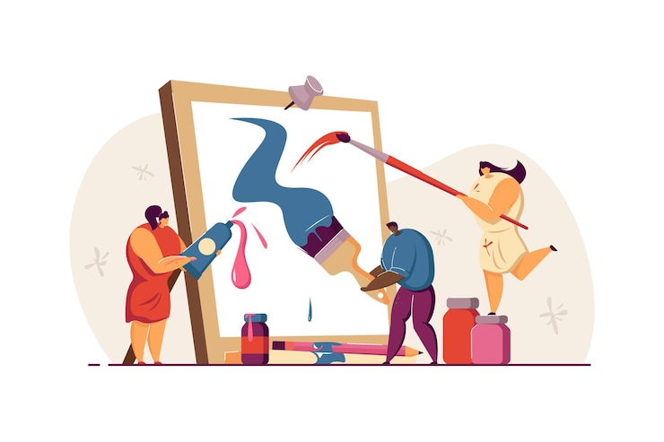 Vector tiny people creating picture in artwork studio flat illustration