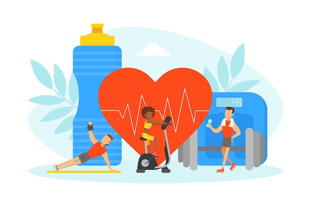 tiny people doing sports exercises with equipment sports nutrition supplements fitness class healthy