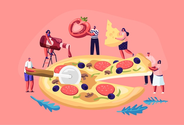 Tiny people eating huge pizza.