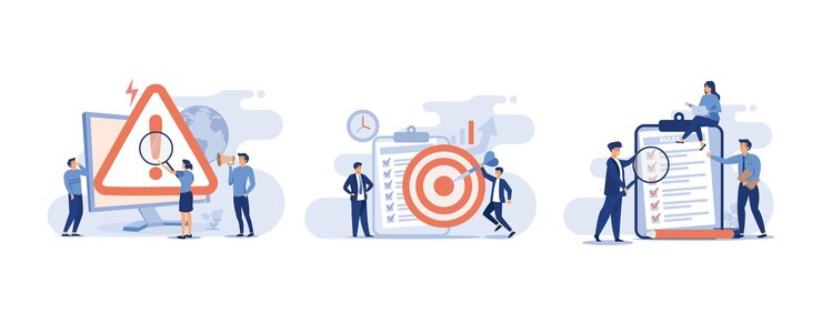 Vector tiny people examining operating system error warning on web page, business concept, people study