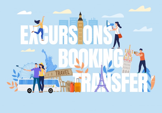 Vector tiny people on excursion booking transfer text