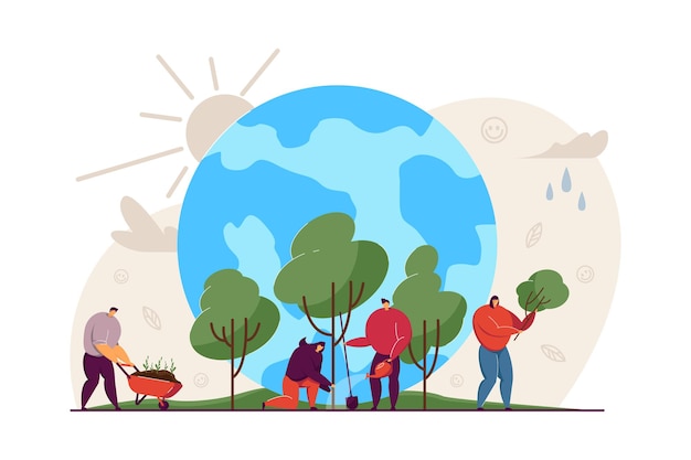 Vector tiny people growing trees together flat illustration