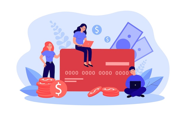 Vettore piccole persone che pagano con una grossa carta di credito. l'uomo e la donna moderni che utilizzano il computer portatile per il terminale dei soldi e l'illustrazione piana di vettore della fattura. concetto di pagamento online per banner, design di siti web o pagine web di destinazione