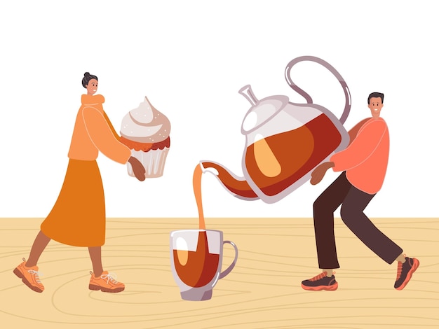 Vector tiny people preparing tea party on table. tiny woman carries cupcake, man pours tea from kettle