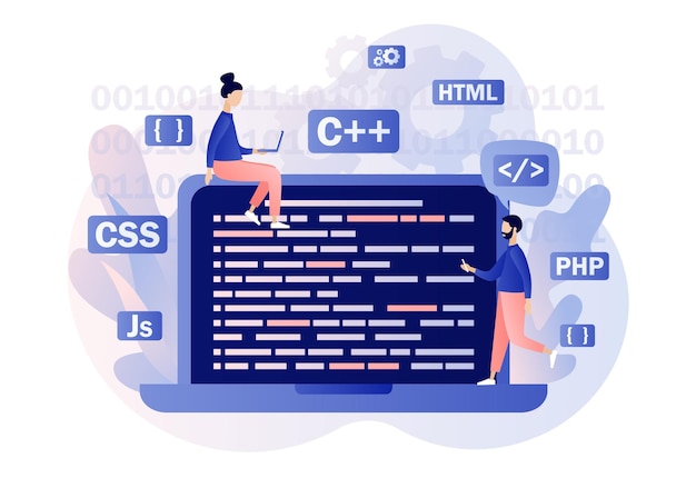 ベクトル 小さな人々のプログラマーまたは開発者がコードプログラミング言語を作成するプログラミングとエンジニアリング