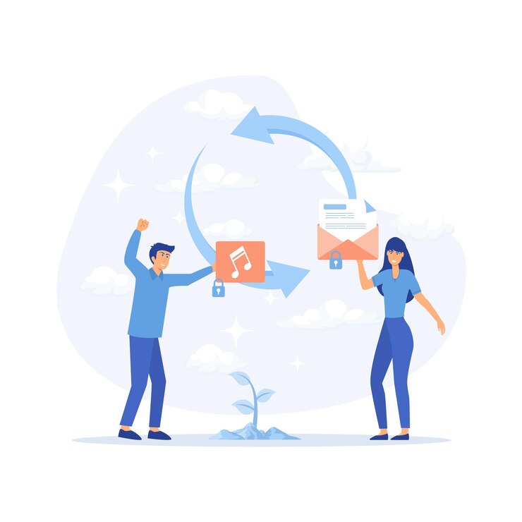 Vector tiny people protecting data and legal information woman exchange media files for secure envelope
