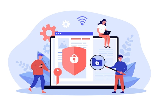 Vector tiny people protecting social media accounts with shield. persons networking with phone or laptop flat vector illustration. cyber security concept for banner, website design or landing web page